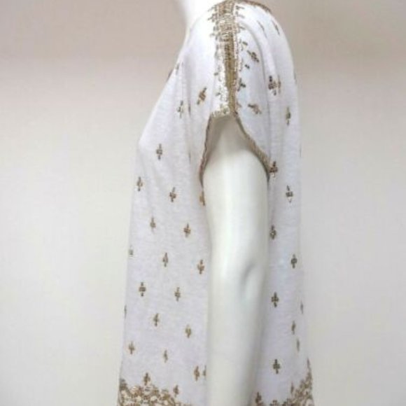 CALYPSO ST.BARTH WHITE YELLOW SEQUIN SHORT DOLMAN SLEEVE LINEN TUNIC TOP M - Picture 3 of 4